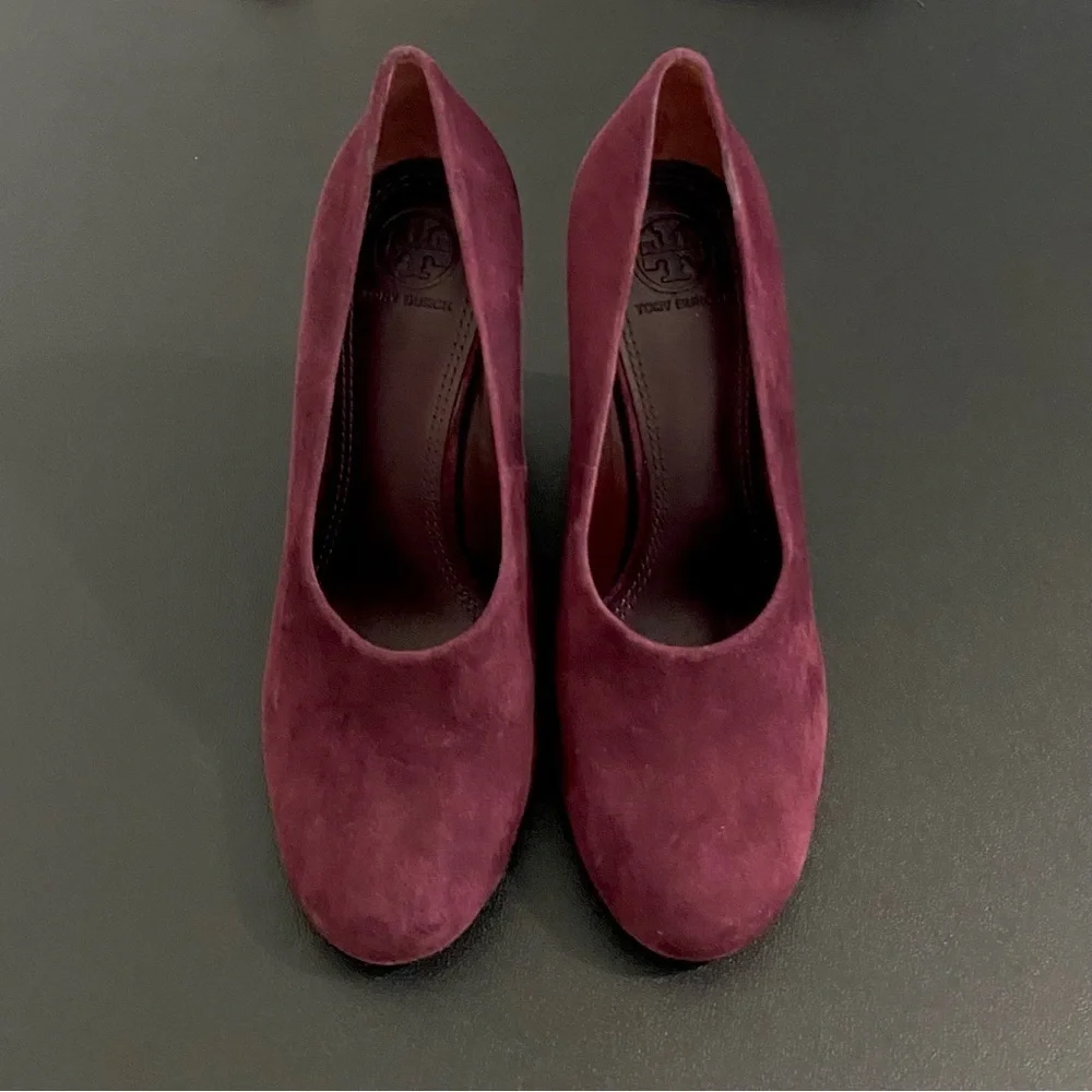 Tory Burch Leather Suede Chunky Block Heel Pumps Size 7.5 Burgandy